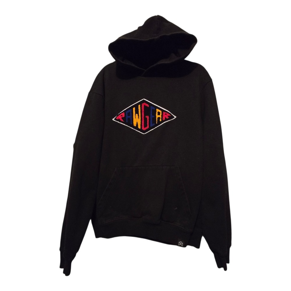 RAWGEAR Hooded Sweatshirt Mens XL Black Colorful Chenille Patch Kangeroo Pocket